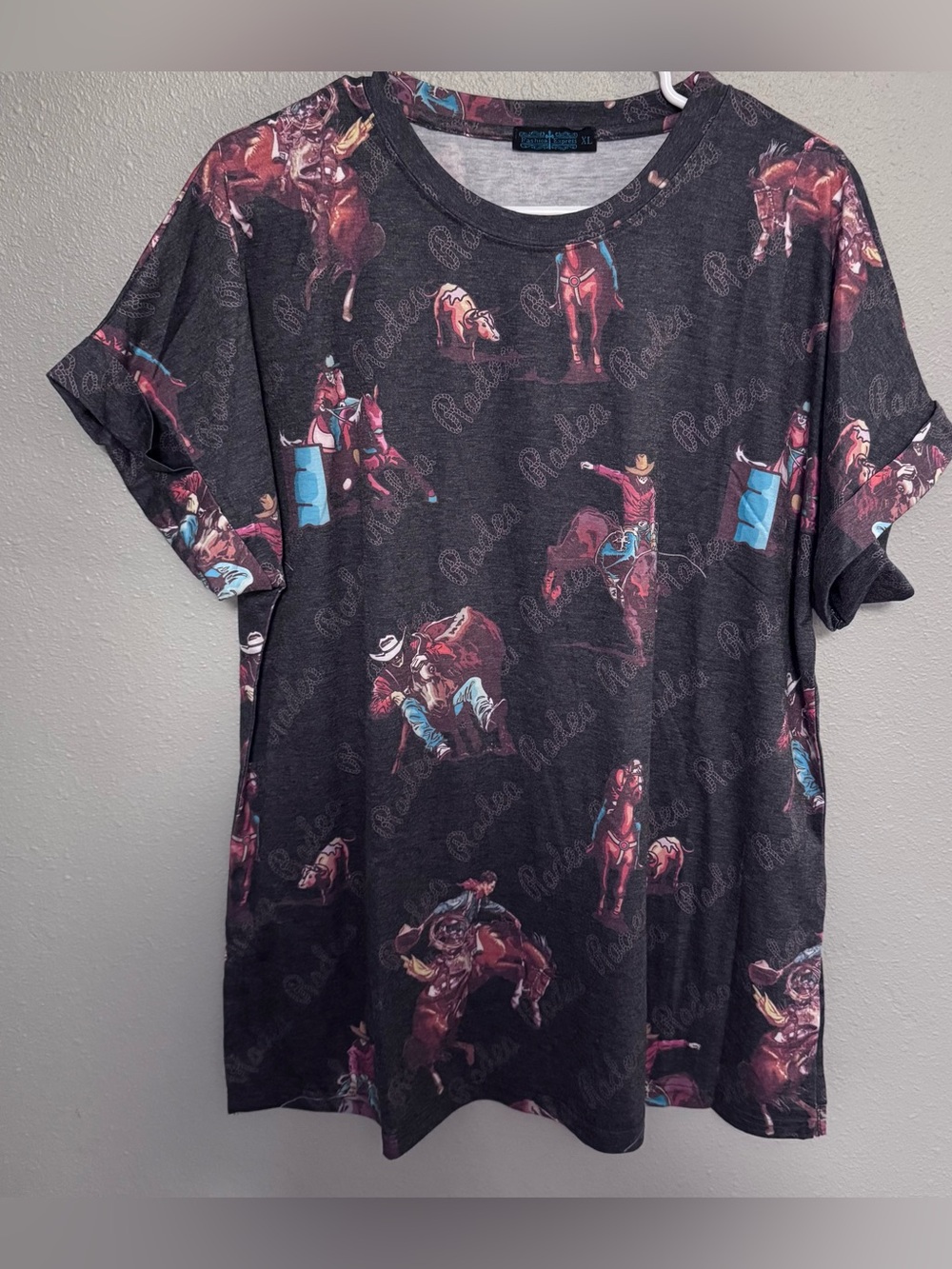 Women’s Short Sleeve Rodeo Graphic Tee - Charcoal with Burgundy & Teal Accents
